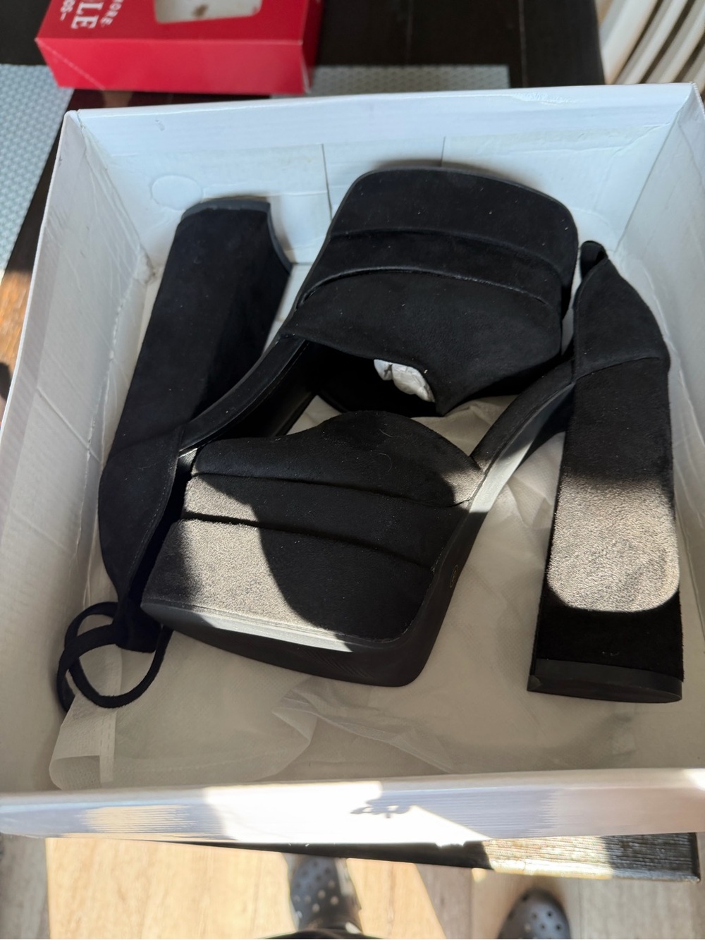 SHEIN Black Square-Toe Block Heel Ankle Tie Sandals